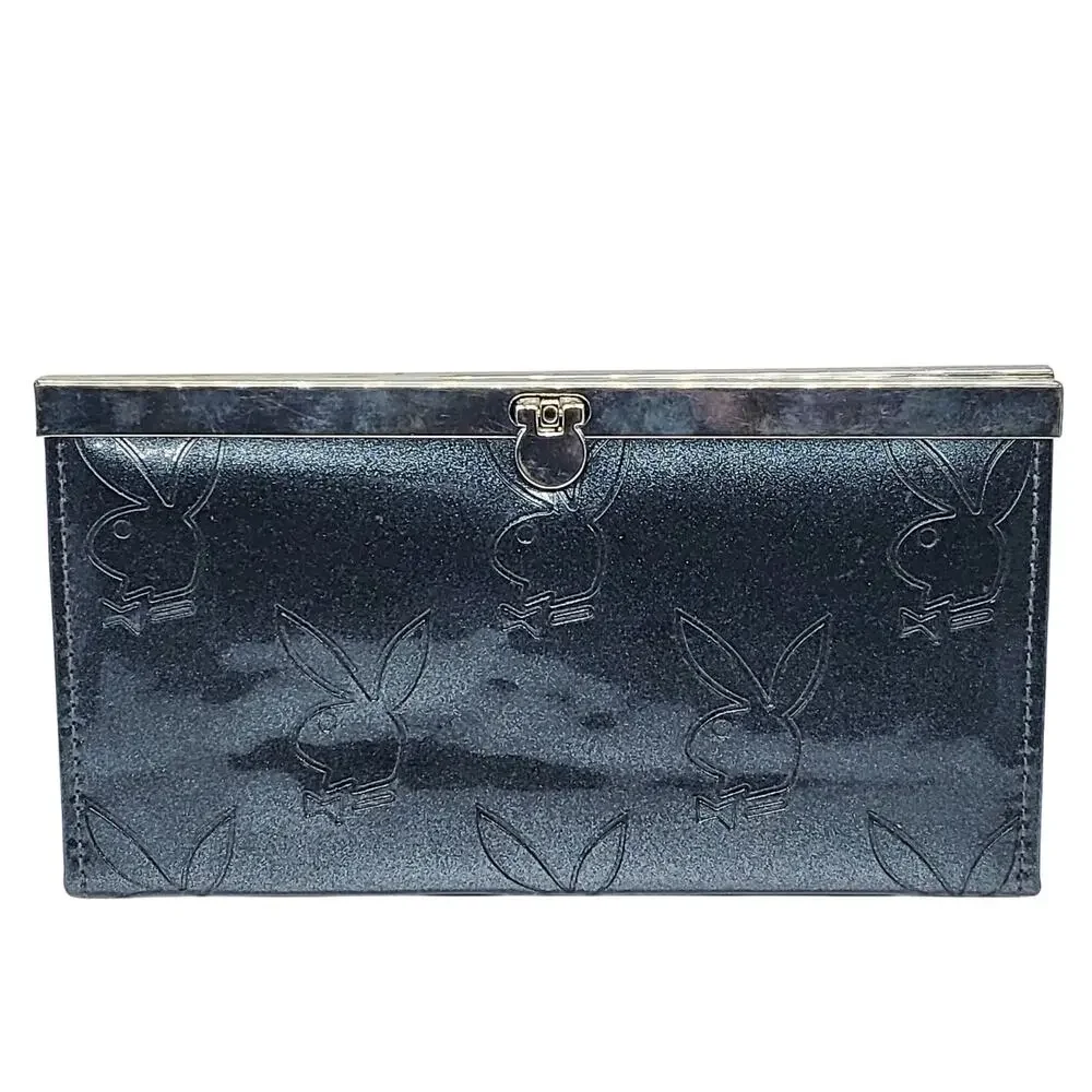 Y2K Playboy Sparkly Charcoal Grey Embossed Signature Bunny Logo Large Wallet